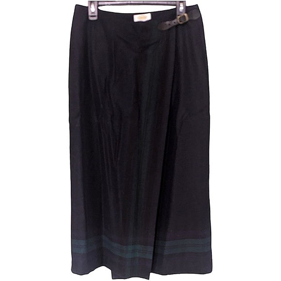 Dark navy and teal wool wrap skirt with belt detail - Picture 1 of 7